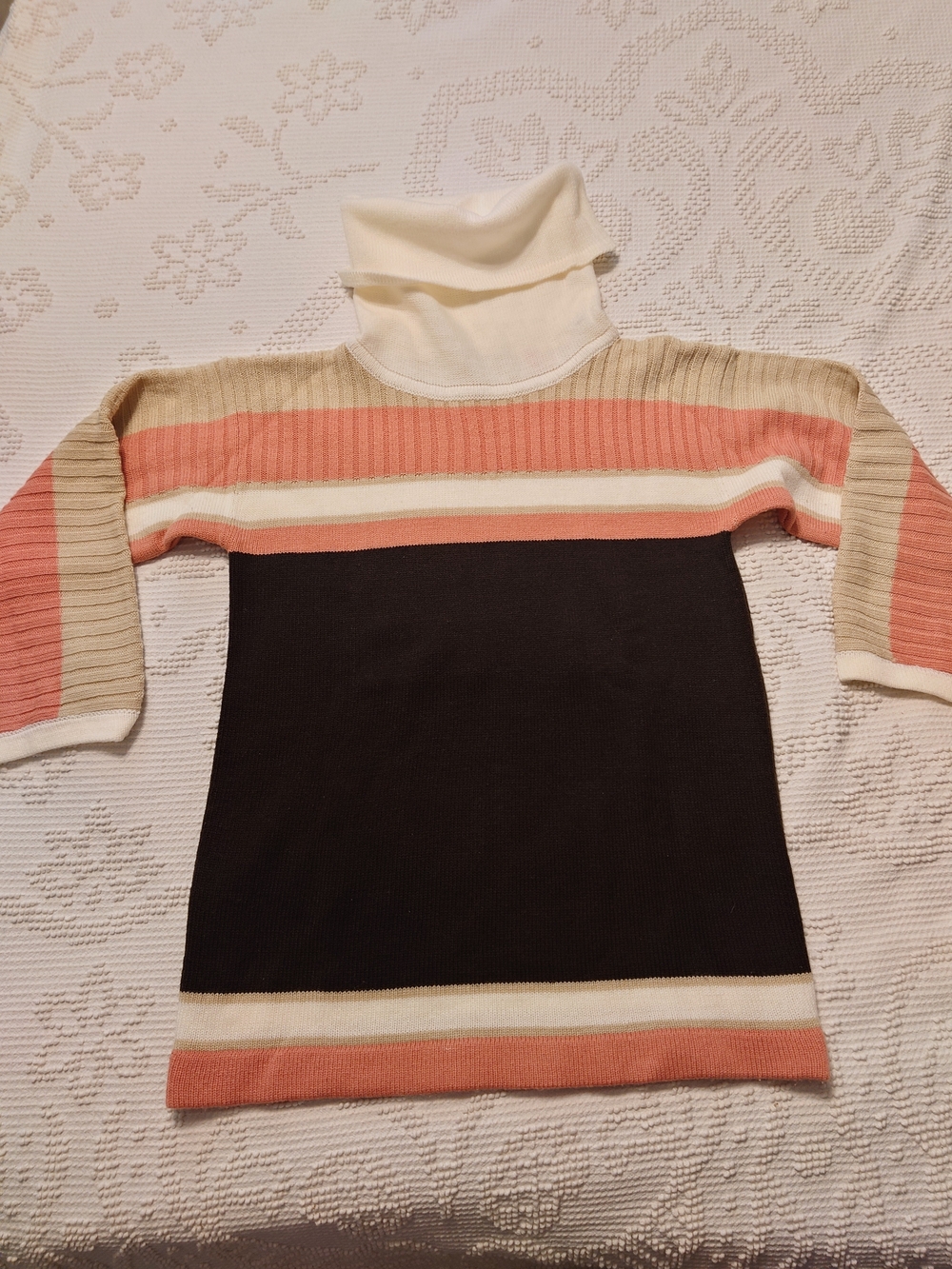 70s Turtleneck Colorblock Ribbed Women's Sweater - Cream, Coral & Black